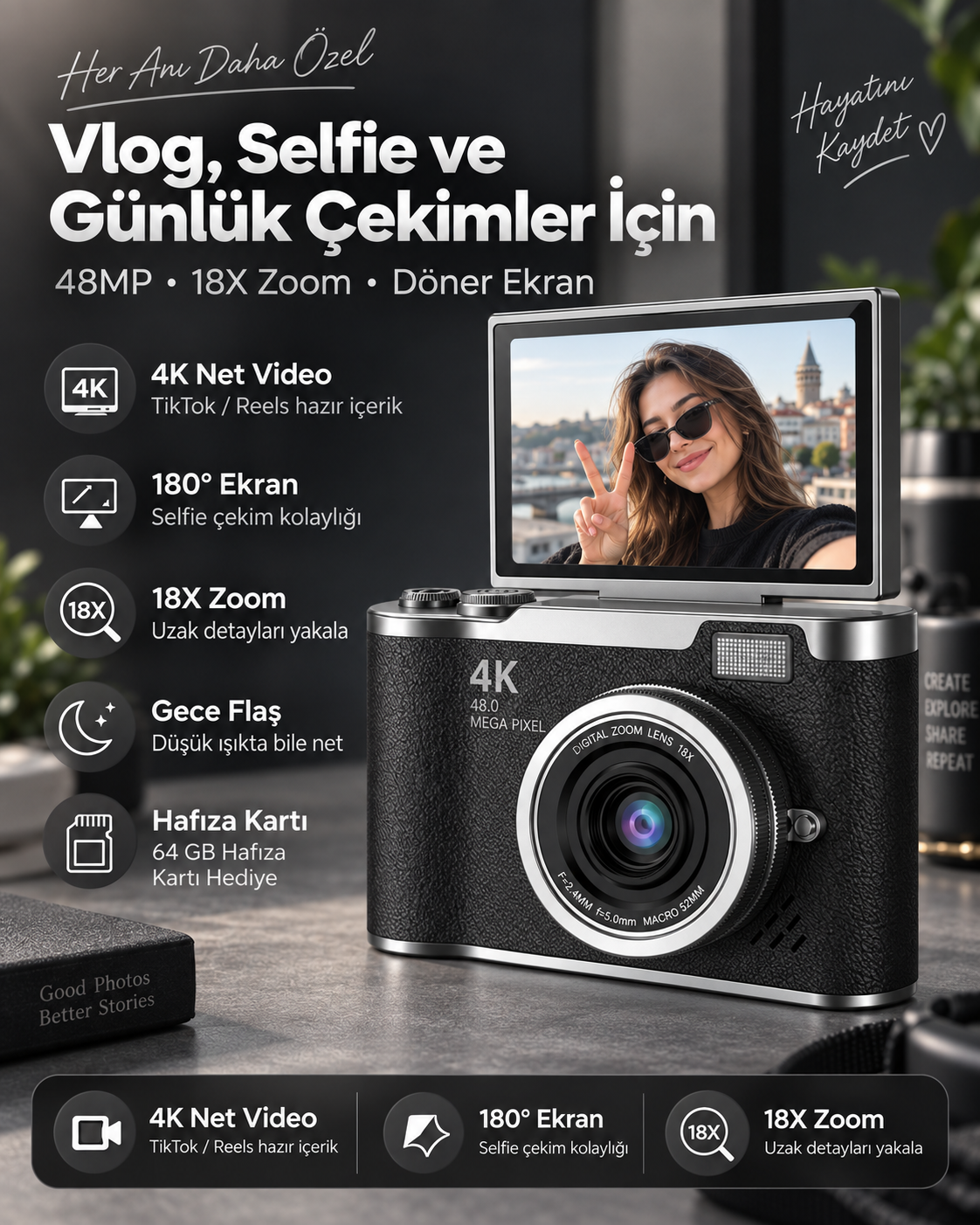 4K UHD Retro Dijital Kamera
